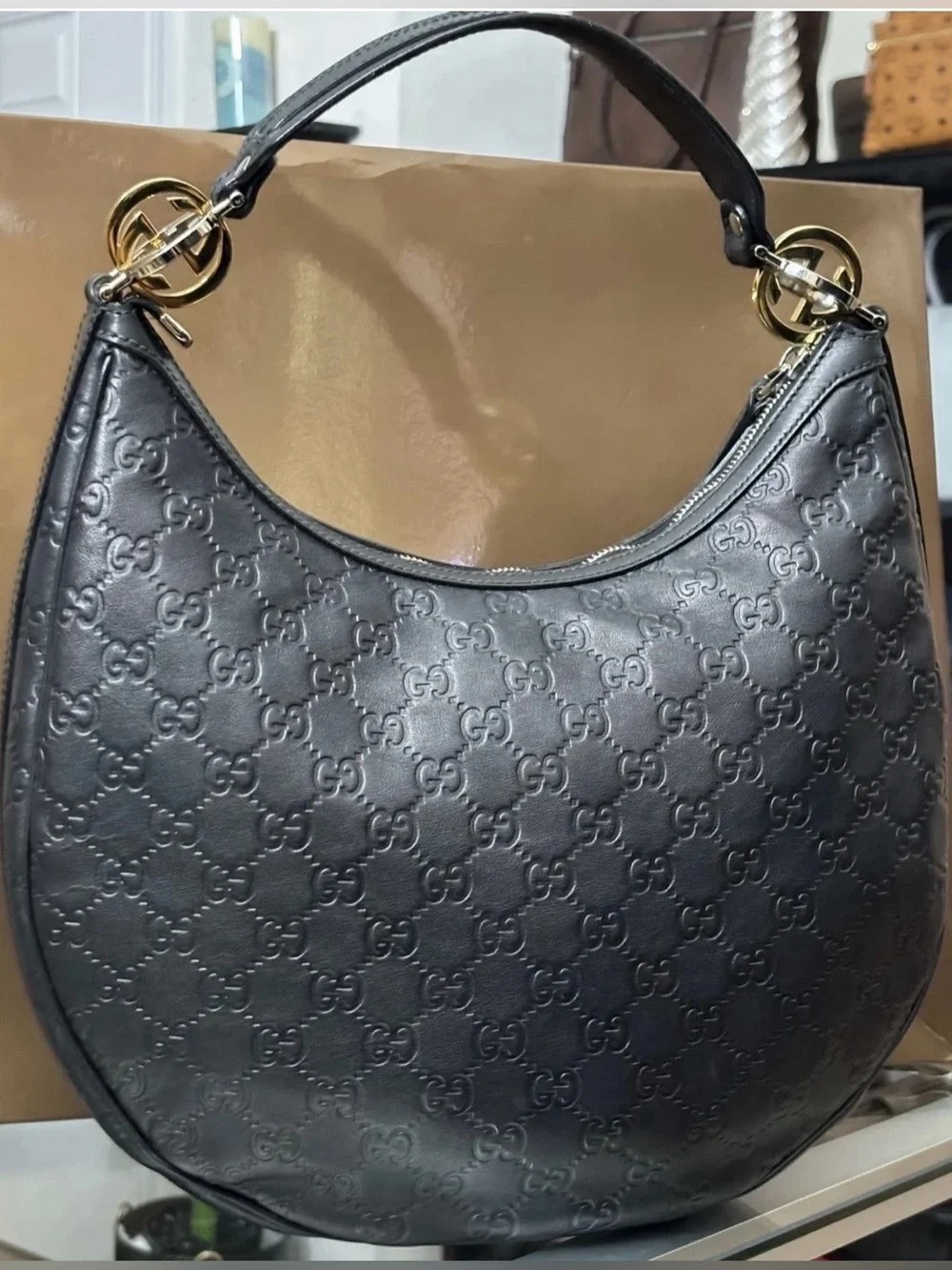 Gucci Guccisima Hobo Bag Black Leather with Silver & Gold hardware. COA Included